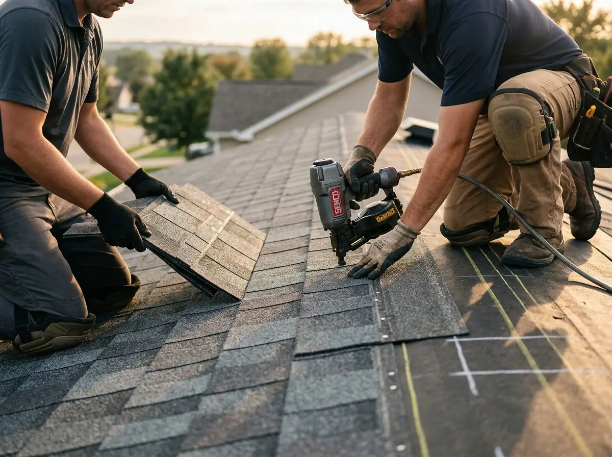 Professional roofer working on a residential roof in Mandan